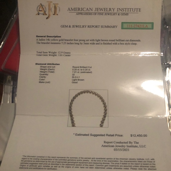 7.01ctw 14kt Yellow Gold,  Italian made Tennis Bracelet 7.5”, NWT & appraisal - Picture 7 of 7